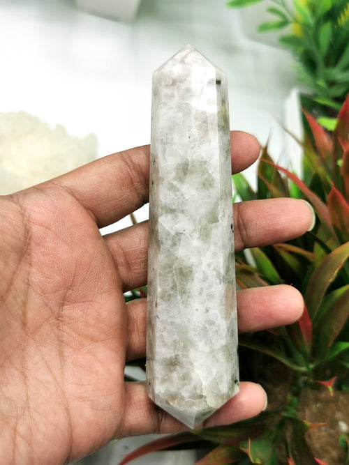 Moonstone double terminated point - handmade carvings - energy/chakra/reiki - 150 gms - ONE PIECE ONLY - Shwasam