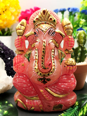 Rose Quartz Handmade Carving of Ganesh with handpainting -  Ganesha Idol in Crystals - Shwasam