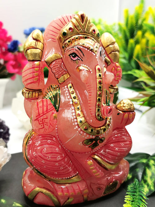 Rose Quartz Handmade Carving of Ganesh with handpainting -  Ganesha Idol in Crystals - Shwasam