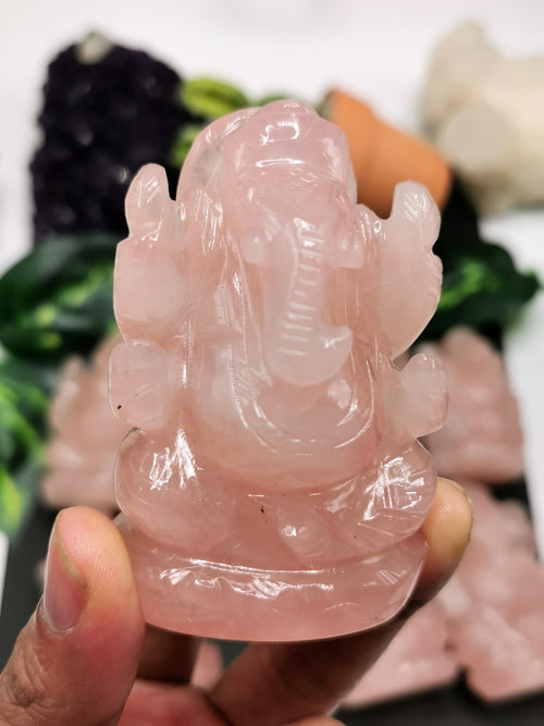 Rose Quartz Ganesha Handmade Carving - Lord Ganesha Idol | Sculpture in Crystals and Gemstones - ONE STATUE ONLY - Shwasam