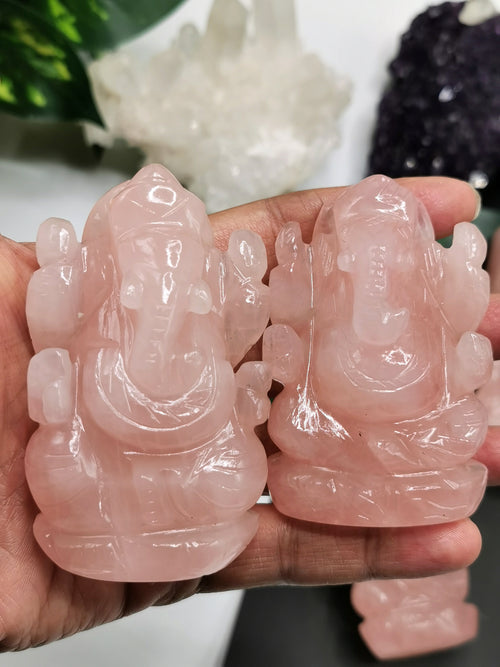 Rose Quartz Ganesha Handmade Carving - Lord Ganesha Idol | Sculpture in Crystals and Gemstones - ONE STATUE ONLY - Shwasam