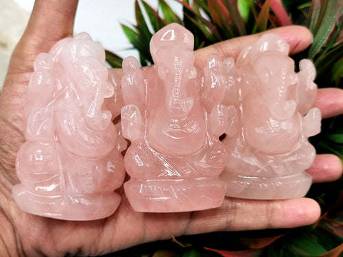 Rose Quartz Ganesha Handmade Carving - Lord Ganesha Idol | Sculpture in Crystals and Gemstones - ONE STATUE ONLY - Shwasam