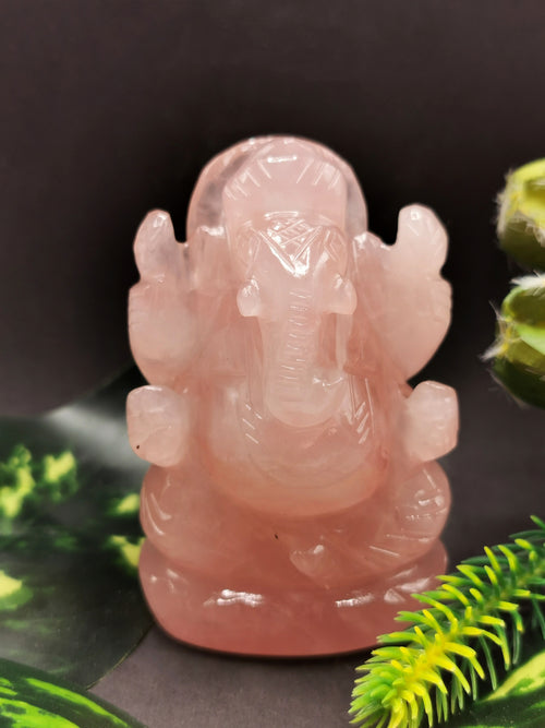 Rose Quartz Ganesha Handmade Carving - Lord Ganesha Idol | Sculpture in Crystals and Gemstones - ONE STATUE ONLY - Shwasam