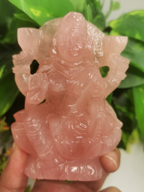 Lakshmi statue / idol handcarved in Rose Quartz stone