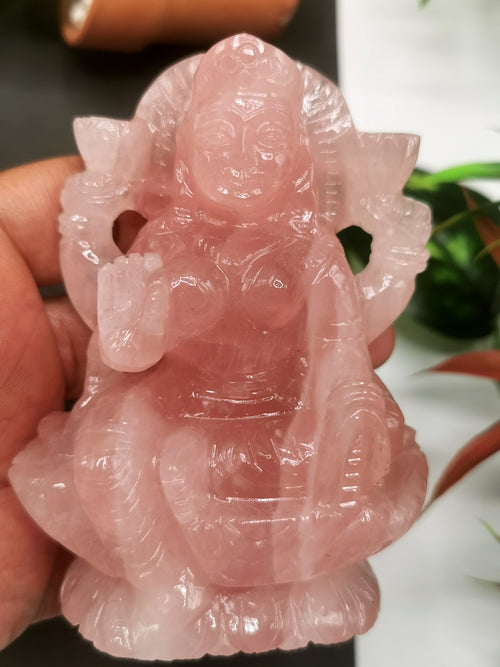 Lakshmi statue / idol handcarved in Rose Quartz stone