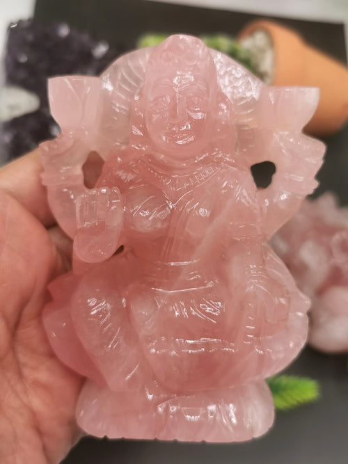 Lakshmi statue / idol handcarved in Rose Quartz stone