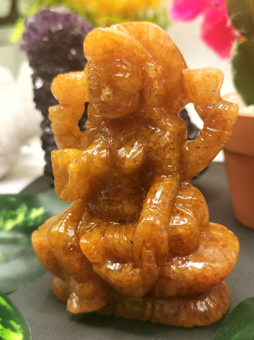 Goddess Lakshmi carving in Yellow Aventurine stone