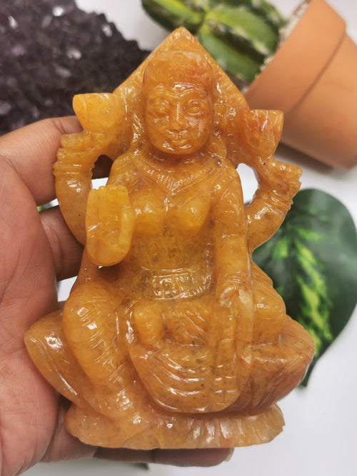 Yellow Aventurine stone carving of Goddess Lakshmi by Shwasam Crystals