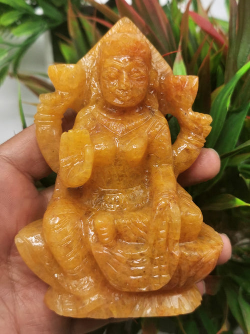 Yellow Aventurine stone carving of Goddess Lakshmi by Shwasam Crystals