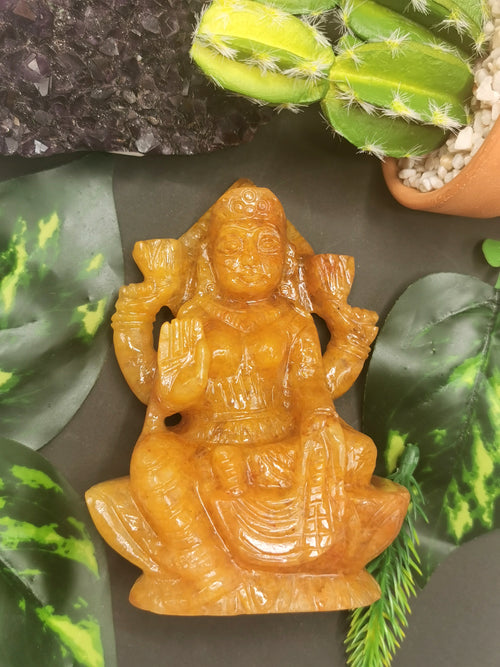 Yellow Aventurine stone carving of Goddess Lakshmi by Shwasam Crystals