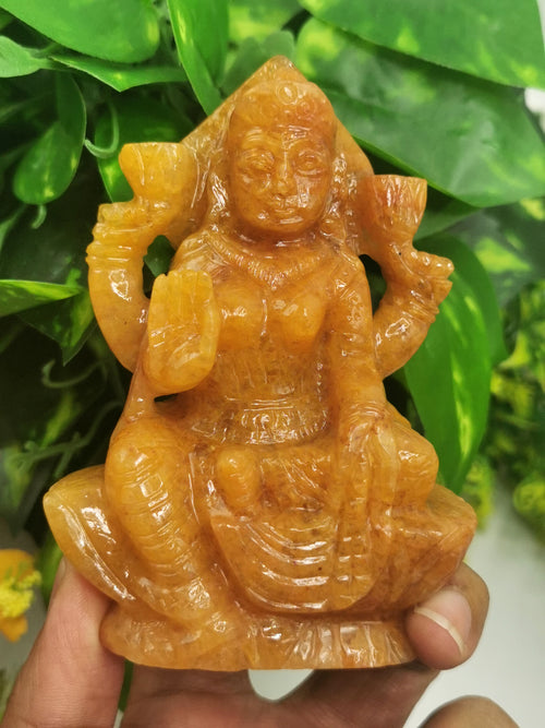 Yellow Aventurine stone carving of Goddess Lakshmi by Shwasam Crystals