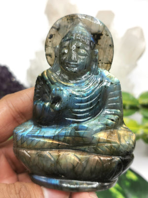 Labradorite Buddha Statue - handmade carving of meditating Lord Buddha