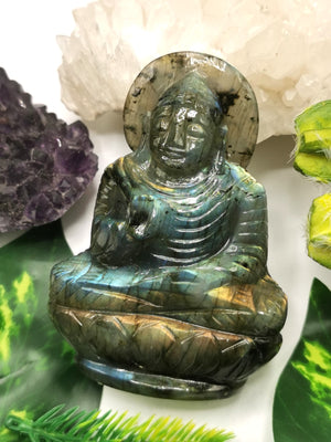 Labradorite Buddha Statue - handmade carving of meditating Lord Buddha