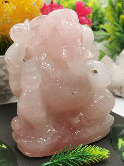 Rose Quartz stone carving of Ganesh