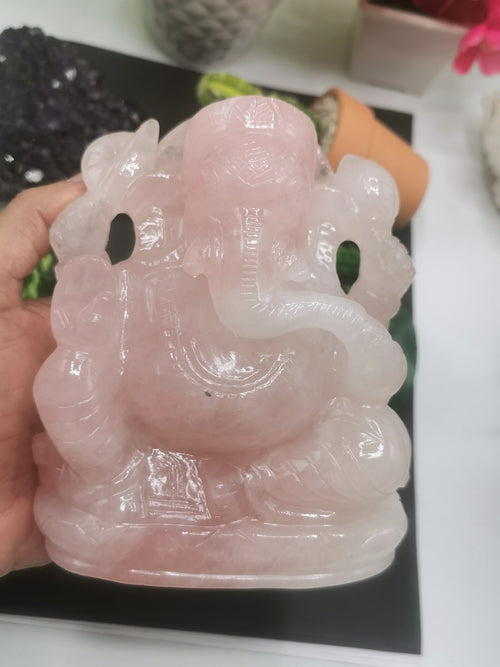Rose Quartz stone carving of Ganesh