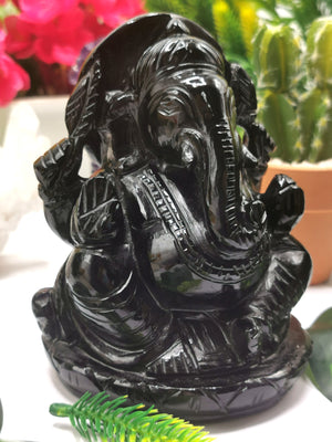 Black Obsidian Handmade Carving of Ganesh - Lord Ganesha Idol/Murti in Crystals and Gemstones -Reiki/Chakra/Healing - 4.75 inches and 960 gms