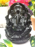 Black Obsidian Handmade Carving of Ganesh - Lord Ganesha Idol/Murti in Crystals and Gemstones -Reiki/Chakra/Healing - 4.75 inches and 960 gms