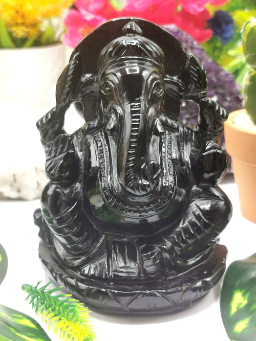 Black Obsidian Handmade Carving of Ganesh - Lord Ganesha Idol/Murti in Crystals and Gemstones -Reiki/Chakra/Healing - 4.75 inches and 960 gms