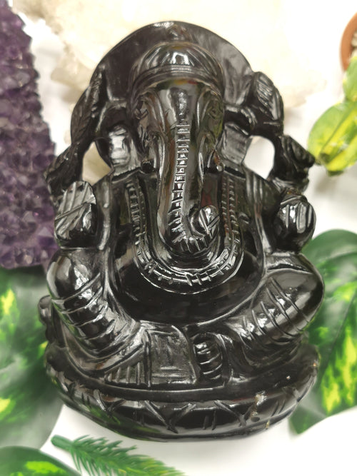 Black Obsidian Handmade Carving of Ganesh - Lord Ganesha Idol/Murti in Crystals and Gemstones -Reiki/Chakra/Healing - 4.75 inches and 960 gms