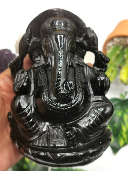 Black Obsidian Handmade Carving of Ganesh - Lord Ganesha Idol/Murti in Crystals and Gemstones -Reiki/Chakra/Healing - 4.75 inches and 960 gms