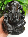 Black Obsidian Handmade Carving of Ganesh - Lord Ganesha Idol/Murti in Crystals and Gemstones -Reiki/Chakra/Healing - 4.75 inches and 960 gms