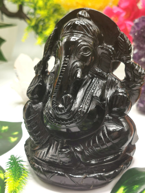 Black Obsidian Handmade Carving of Ganesh - Lord Ganesha Idol/Murti in Crystals and Gemstones -Reiki/Chakra/Healing - 4.75 inches and 960 gms