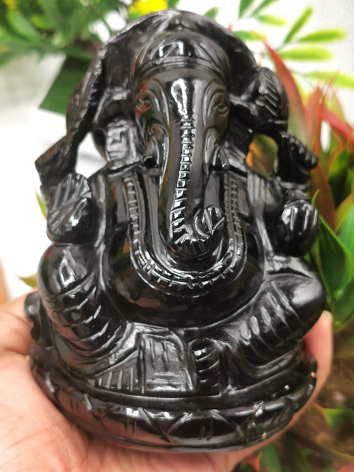 Black Obsidian Handmade Carving of Ganesh - Lord Ganesha Idol/Murti in Crystals and Gemstones -Reiki/Chakra/Healing - 4.75 inches and 960 gms