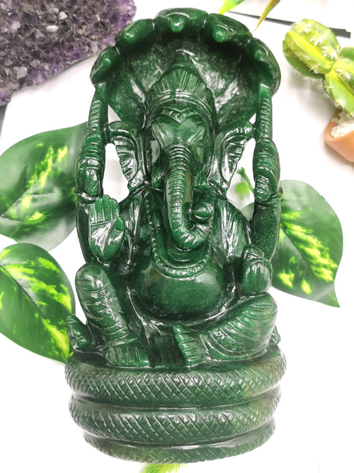 Green Aventurine Handmade Carving of Ganesh - Lord Ganesha Idol | Sculpture | Murti in Crystals and Gemstones - Reiki/Chakra/Healing - 9 inches and 2.33 kg (5.13 lb)