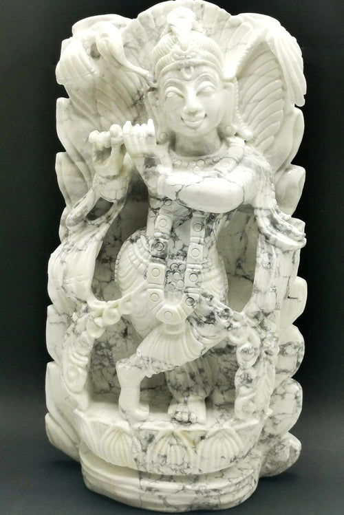 Howlite Majestic Handmade Carving of Krishna - Lord Krishna Idol | Sculpture | Murti in Crystals and Gemstones - Reiki/Chakra/Healing - 9.5 inches and 2.24 kg (4.93 lb)