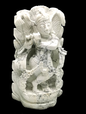 Howlite Majestic Handmade Carving of Krishna - Lord Krishna Idol | Sculpture | Murti in Crystals and Gemstones - Reiki/Chakra/Healing - 9.5 inches and 2.24 kg (4.93 lb)