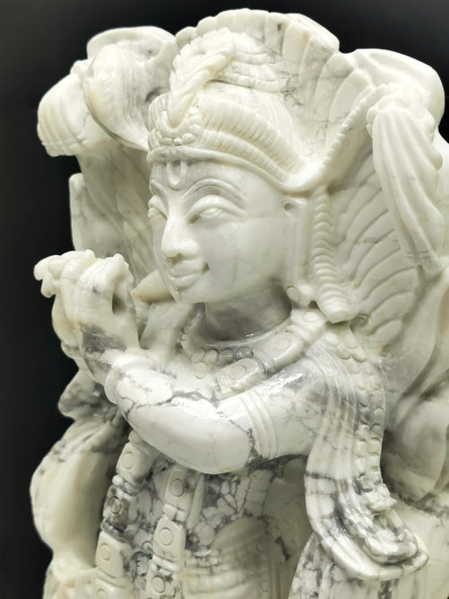 Howlite Majestic Handmade Carving of Krishna - Lord Krishna Idol | Sculpture | Murti in Crystals and Gemstones - Reiki/Chakra/Healing - 9.5 inches and 2.24 kg (4.93 lb)