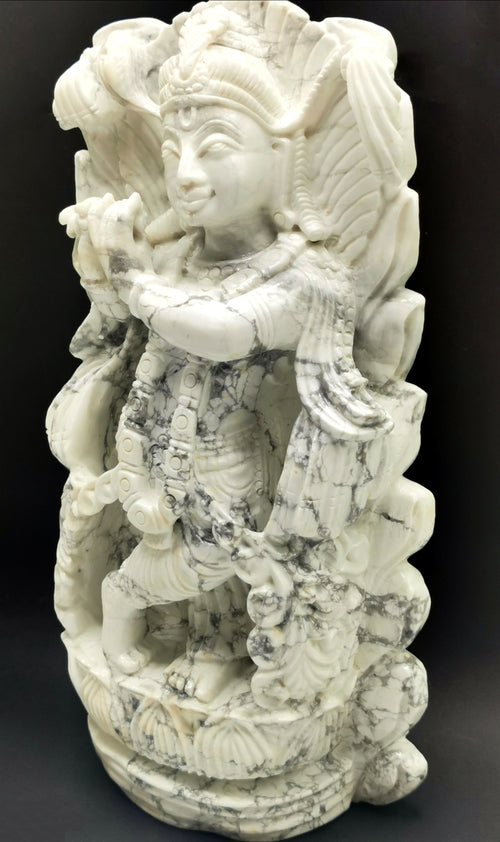 Howlite Majestic Handmade Carving of Krishna - Lord Krishna Idol | Sculpture | Murti in Crystals and Gemstones - Reiki/Chakra/Healing - 9.5 inches and 2.24 kg (4.93 lb)