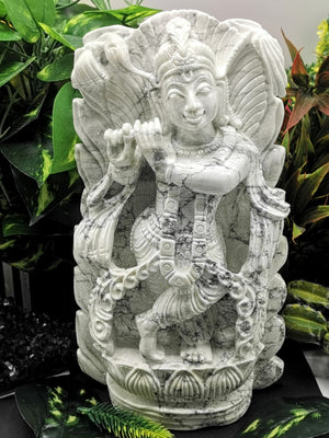 Howlite Majestic Handmade Carving of Krishna - Lord Krishna Idol | Sculpture | Murti in Crystals and Gemstones - Reiki/Chakra/Healing - 9.5 inches and 2.24 kg (4.93 lb)