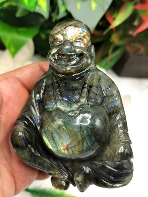 Laughing Buddha statue in natural Labradorite stone