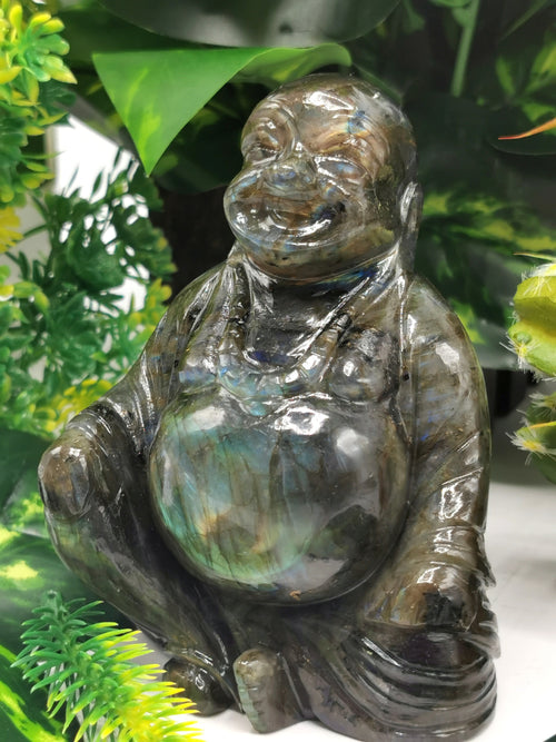 Laughing Buddha statue in natural Labradorite stone
