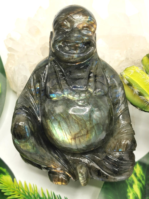 Laughing Buddha statue in natural Labradorite stone