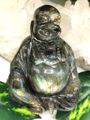 Laughing Buddha statue in natural Labradorite stone