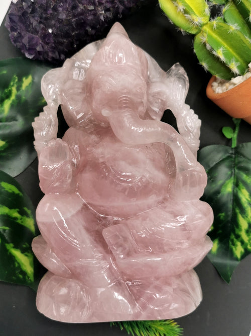 Ganesh carving in natural Rose Quartz from Kekri, India