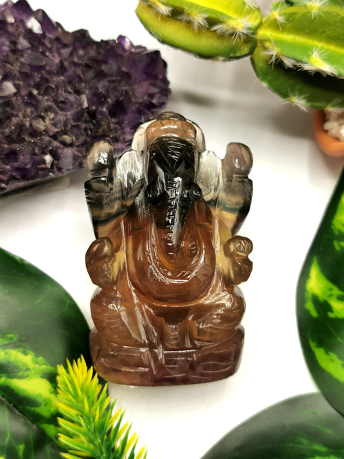 Multicolor Fluorite Handmade Carving of Ganesh -Lord Ganesha Idol/Statue in Crystals and Gemstones 115 gms