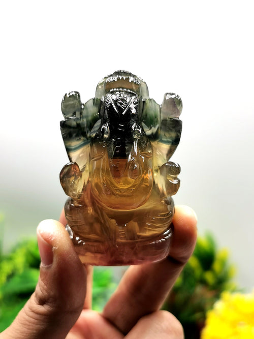 Multicolor Fluorite Handmade Carving of Ganesh -Lord Ganesha Idol/Statue in Crystals and Gemstones 115 gms