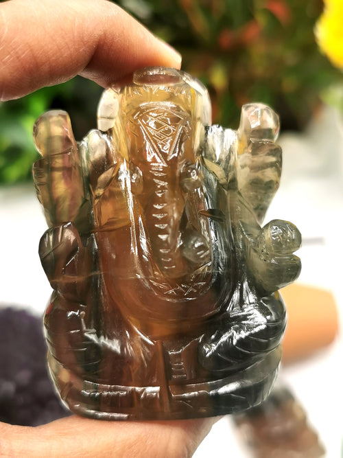 Multicolor Fluorite Handmade Carving of Ganesh -Lord Ganesha Idol/Statue in Crystals and Gemstones 155 gms