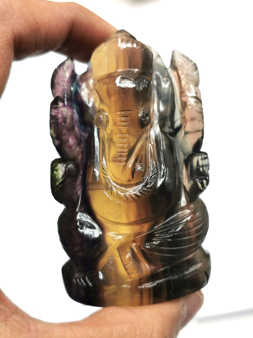 Multicolor Fluorite Handmade Carving of Ganesh -Lord Ganesha Idol/Statue in Crystals and Gemstones 138 gms