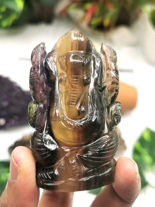 Multicolor Fluorite Handmade Carving of Ganesh -Lord Ganesha Idol/Statue in Crystals and Gemstones 138 gms