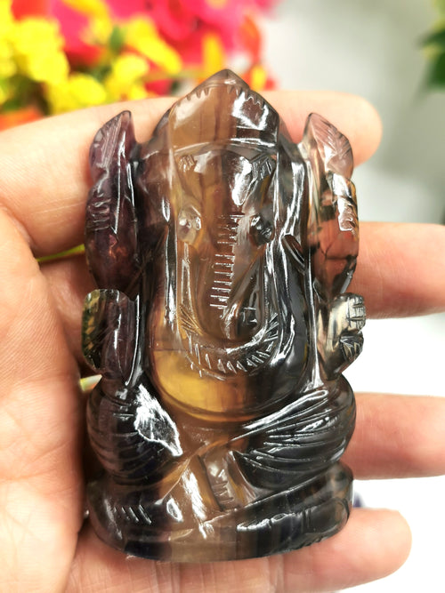 Multicolor Fluorite Handmade Carving of Ganesh -Lord Ganesha Idol/Statue in Crystals and Gemstones 138 gms