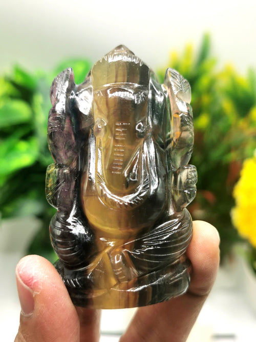 Multicolor Fluorite Handmade Carving of Ganesh -Lord Ganesha Idol/Statue in Crystals and Gemstones 138 gms