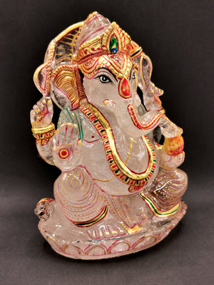 Clear Quartz carving of Ganesh, hand carved beauty with handpainted gold foil artwork