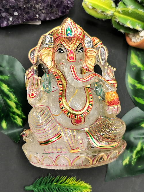 Clear Quartz carving of Ganesh, hand carved beauty with handpainted gold foil artwork