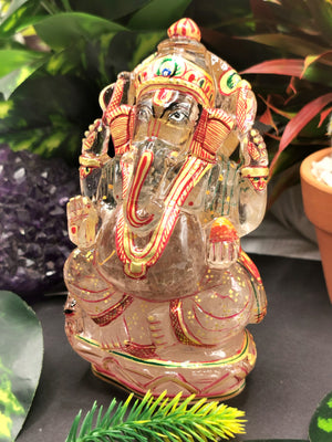 Clear Quartz carving of Ganesh, hand carved beauty with hand painted gold foil artwork