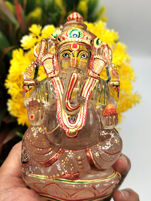 Clear Quartz carving of Ganesh, hand carved beauty with hand painted gold foil artwork