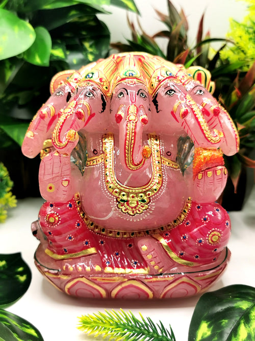 Rose Quartz Handmade Carving of Panchmukhi Ganesh with handpainting - Lord Ganesha Idol | Sculpture | Murti in Crystals and Gemstones - Reiki/Chakra/Healing - 6 inches and 2.64 kg (5.81 lb)